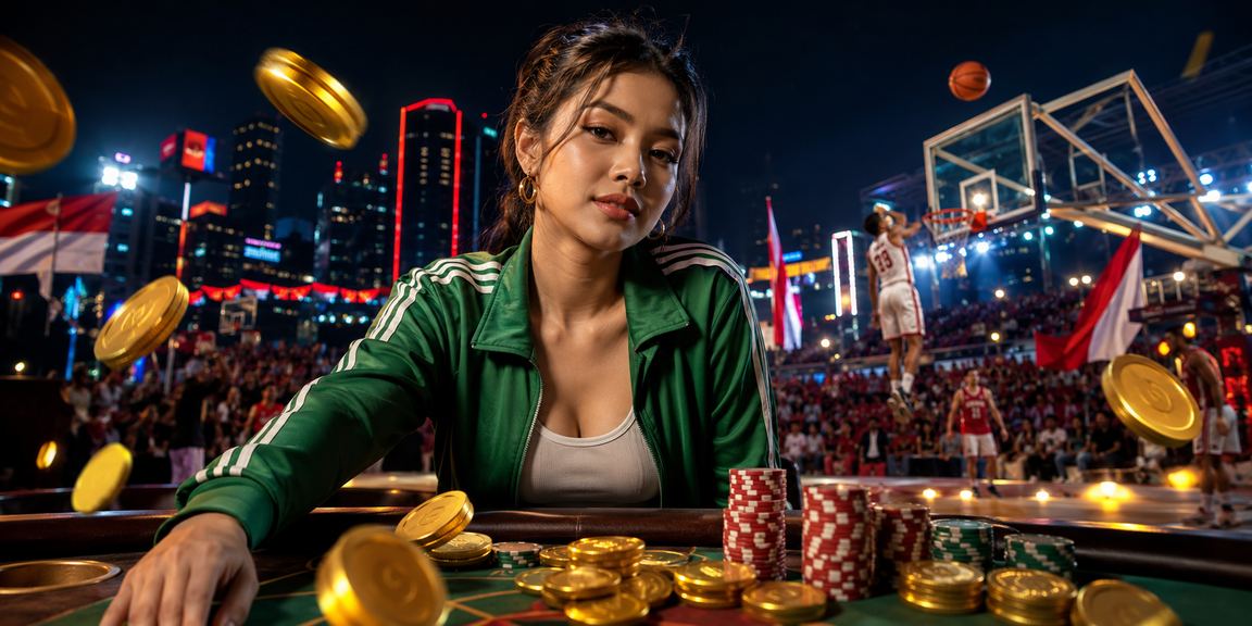Layar neon menampilkan statistik dan odds taruhan basket malam hari